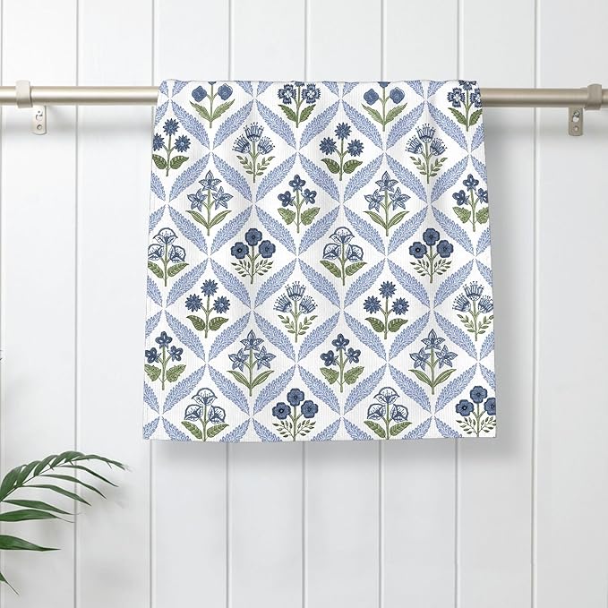 Navy Blue Green Boho Kitchen Towels 16x24 Inch Vintage Flowers Decor Dish Towels Spring Floral Summer Seasonal Decoration Hand Towels Absorbent Dish Cloths for Home Kitchen Dining Set of 2
