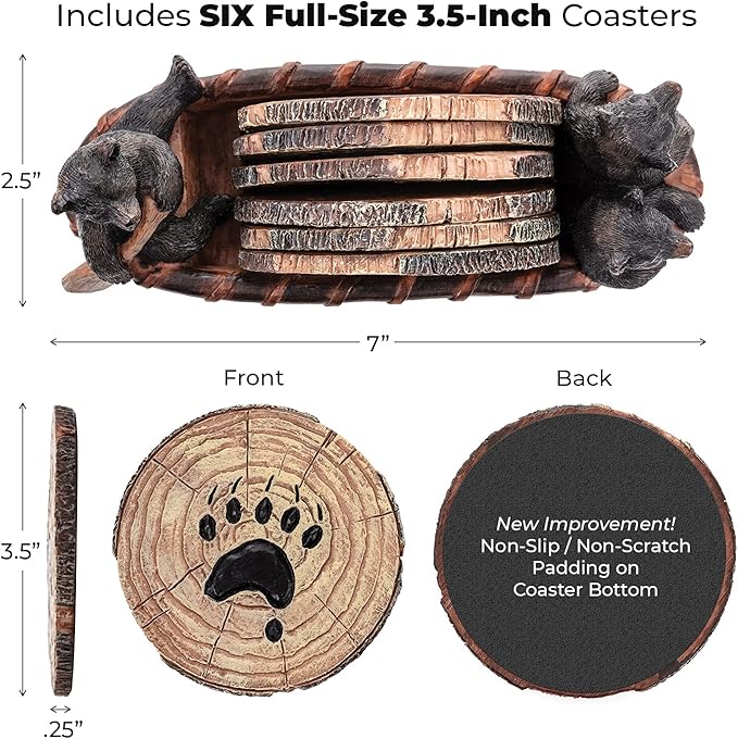 Bear Coasters Set of 6 Full Size Rustic Coasters in Handmade Canoe with Adorable Black Bear Figurines | Black Bear Log Cabin Decorations, Rustic Lodge Decor for The Home