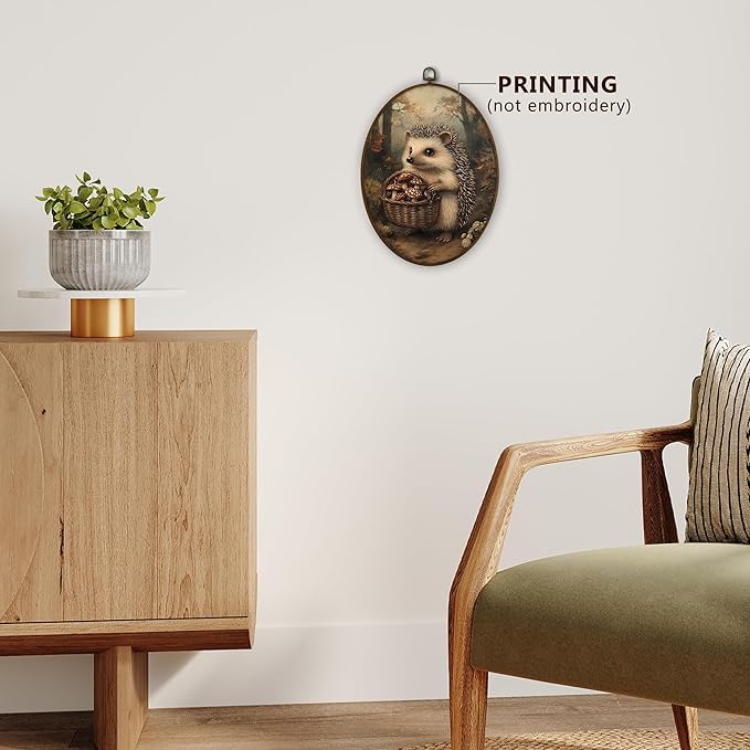 Gnmduw Vintage Hedgehog Oval Wall Art Framed, Fall Cottagecore Mushroom Canvas Prints Hanging Decor, Dark Academia Mushroom Hedgehog Wall Decor for Nursery Gallery Bedroom Living Room, 8.7x11.3 In