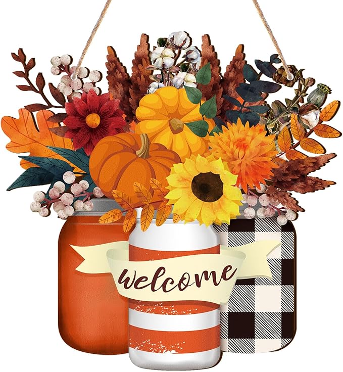 Spiareal Fall Decor Wood Fall Door Sign Pumpkin Thanksgiving Welcome Sign for Front Door Autumn Wooden Wreath Sunflower Porch Wall Art Farmhouse Rustic Outdoor Decorations