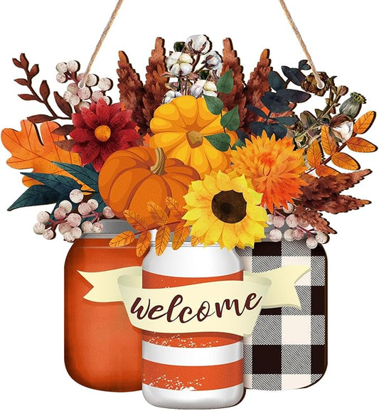 Spiareal Fall Decor Wood Fall Door Sign Pumpkin Thanksgiving Welcome Sign for Front Door Autumn Wooden Wreath Sunflower Porch Wall Art Farmhouse Rustic Outdoor Decorations