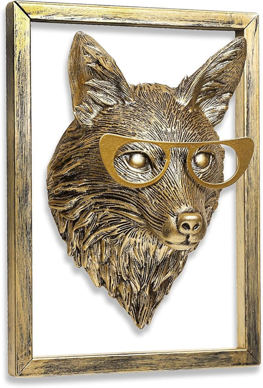 Animal Heads Wall Decor (Includes Metal Frame) Resin Animals Sculptures Head Wall Hanging Decoration Gold vintage Wall Sculpture for Living Room Bedroom Office(Fox)