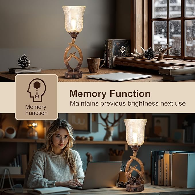 Scenekoy Antler Table Uplight Lamp for Living Room Bedroom, 20.5” Resin Memory Function Bedside Lamps with Glass Shade, Rustic Nightstand Lamp with USB Ports for Home Room Decor (Bulb Included)
