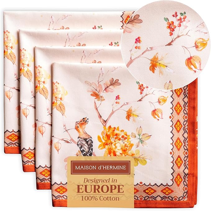 Maison d' Hermine Cloth Napkins Set of 4 100% Cotton Everyday Reusable Square Napkins Cloth Washable, Dinner, Party, Wedding, Restaurant (Kelim - Prairie, 20" x 20")