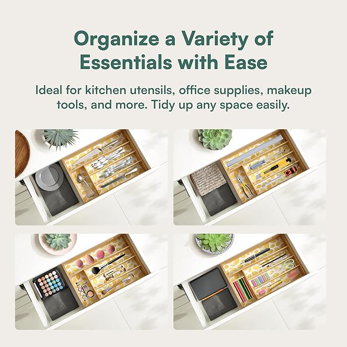 Kitchen Drawer Organizer - Silverware Organizer for Kitchen Organization & Storage, Utensil Holder & Bamboo Organizer for Kitchen Drawers, Kitchen Essentials, 5-Slot, Lemon Print