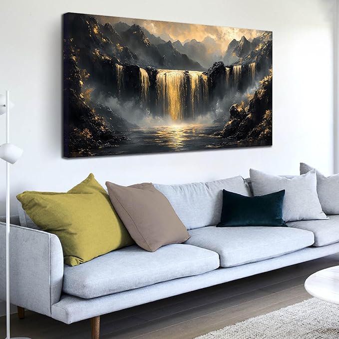 Mountain Pictures Wall Art for Living Room - Black and Gold Wall Decor Office - Modern Art Wall Decor for Bedroom Size 24" x 48"