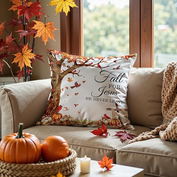 Fall for Jesus He Never Leaves Christian Throw Pillow Covers 18x18, Autumn Pumpkin Leaf Pillow Case Decor for Bedroom Home, Fall Christian Religious Gifts for Women