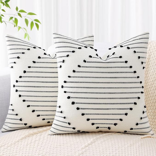 Mecatny Boho Outdoor Throw Pillow Covers 20X20 Set of 2, Farmhouse Decorative Pillow Covers for Couch Sofa Living Room, Black & Cream White