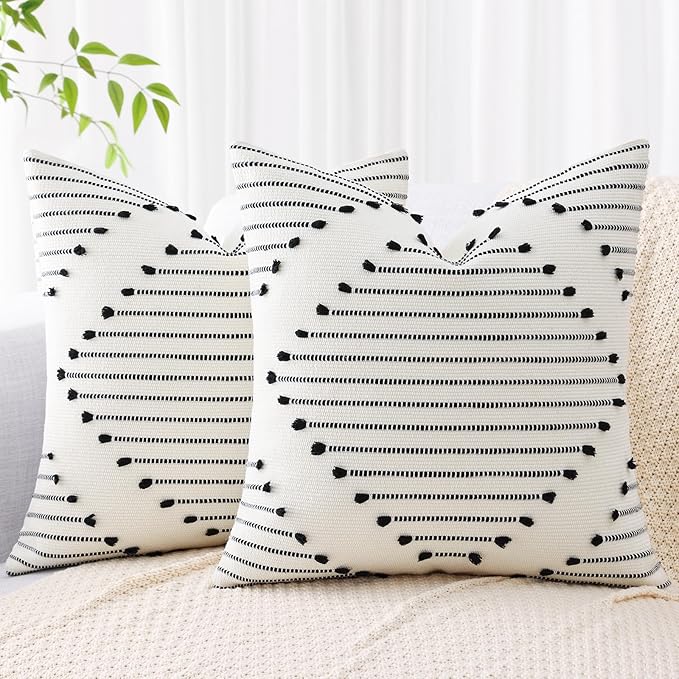 Mecatny Boho Outdoor Throw Pillow Covers 18X18 Set of 2, Farmhouse Decorative Pillow Covers for Couch Sofa Living Room, Black & Cream White