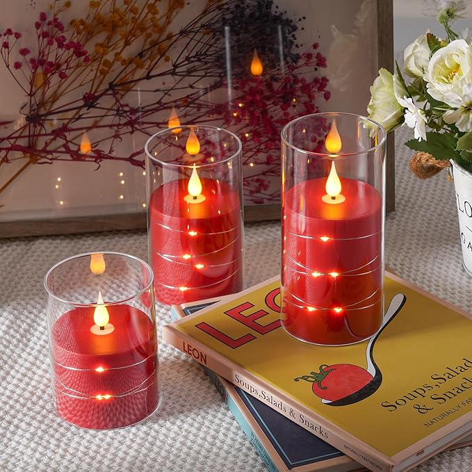 Da by Flickering Flameless Candles with Remote,Acrylic LED Candles with Embedded Star String,Battery Operated Candle, for Home and Holiday Decoration Set of 3（Red）