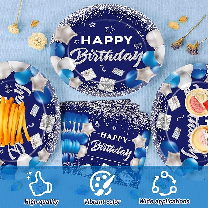 Birthday Oval Paper Plate 11inch Large Happy Birthdays Plates and Napkins, Blue and Silver Party Decoration Favor Dish Tray for Man Woman Bday Baby Shower Holiday Gathering Supplies Tableware 25 Guest