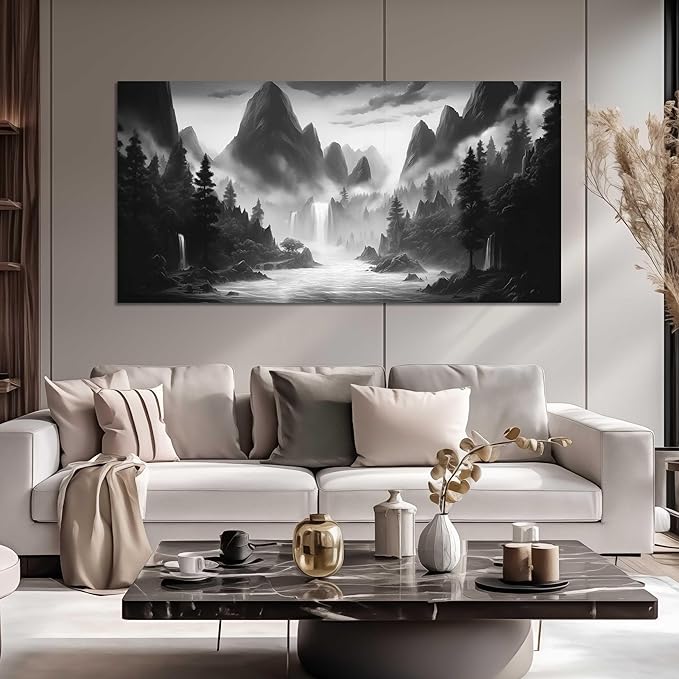 Mountain Pictures for Living Room Black and White Canvas Wall Art for Office Forest Wall Decor for Bedroom Size 29" x 58"