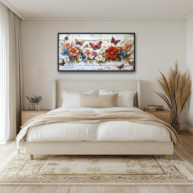 Olivine Flower Large Wall Art, Butterfly Pictures Wall Decor, Boho Painting, Rustic Wood Grain Canvas Prints, Framed Artwork for Dining Room Living Room Bedroom Bathroom Office Home Decor 36"x24"