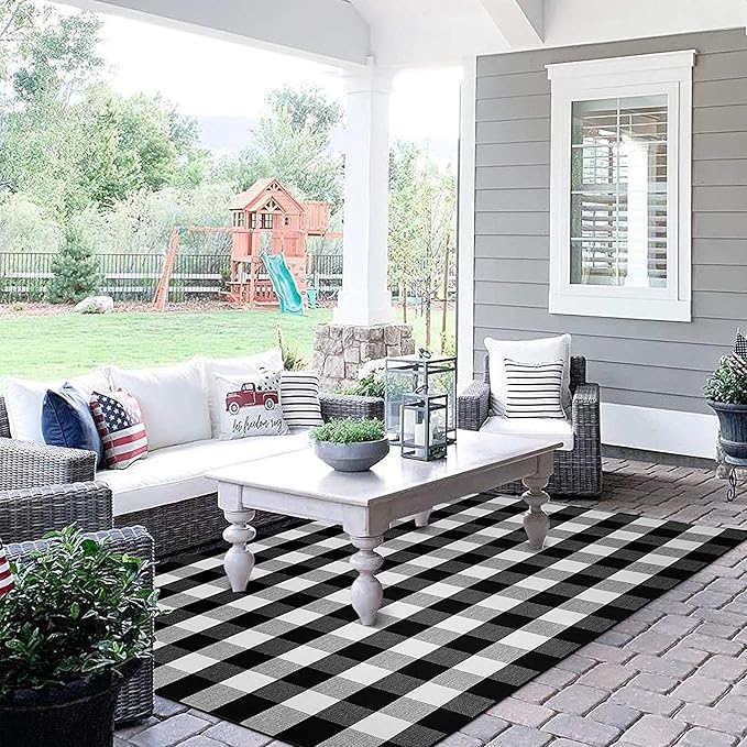 KOZYFLY Buffalo Plaid Area Rug 5 x 7 Ft Black and White Checkered Rug Washable Outdoor Patio Rugs Cotton Rugs for Living Room Carpet for Dining Room Bedroom Farmhouse Rug