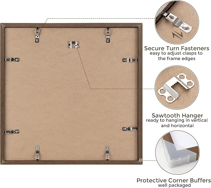 12x12 Picture Frame Set of 2, High-End Oak Wood Frame 12 x 12 for Wall, Square Wooden 12 by 12 Gallery Frames Set, 12x12 Frame Matted to 8x8, Real Glass 12 x 12 Frames, Walnut Color