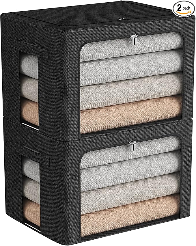 2 Pack Clothes Storage Bins Foldable Metal Frame Storage Box Large Capacity Linen Fabric Organizer Set with Carrying Handles and Clear Window (Black, 19.7x 15.7x 12.6 Inch)