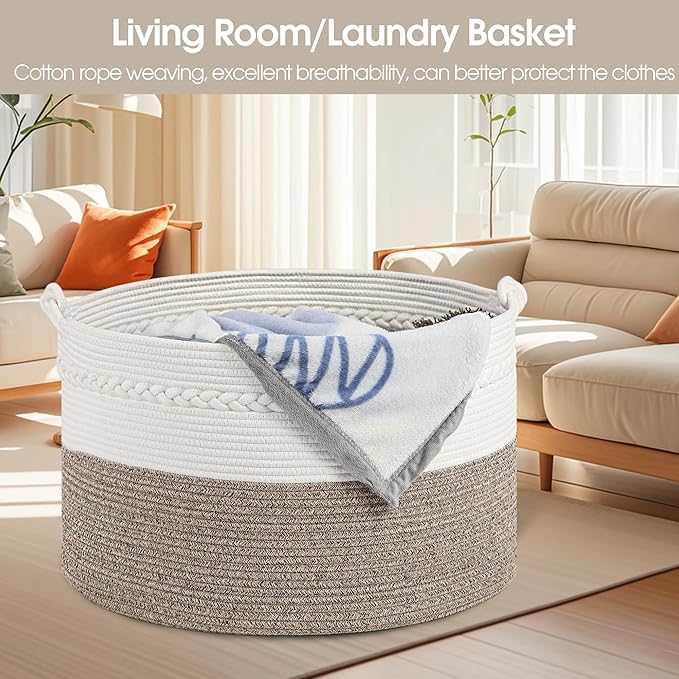 Laundry Basket,20''x13''Woven Cotton Rope Laundry Hamper,Blanket Basket for Living Room;Toy storage;Woven basket;Nursery Storage Bin,Nursery hamper,Boho Room Decor (White+Brown)
