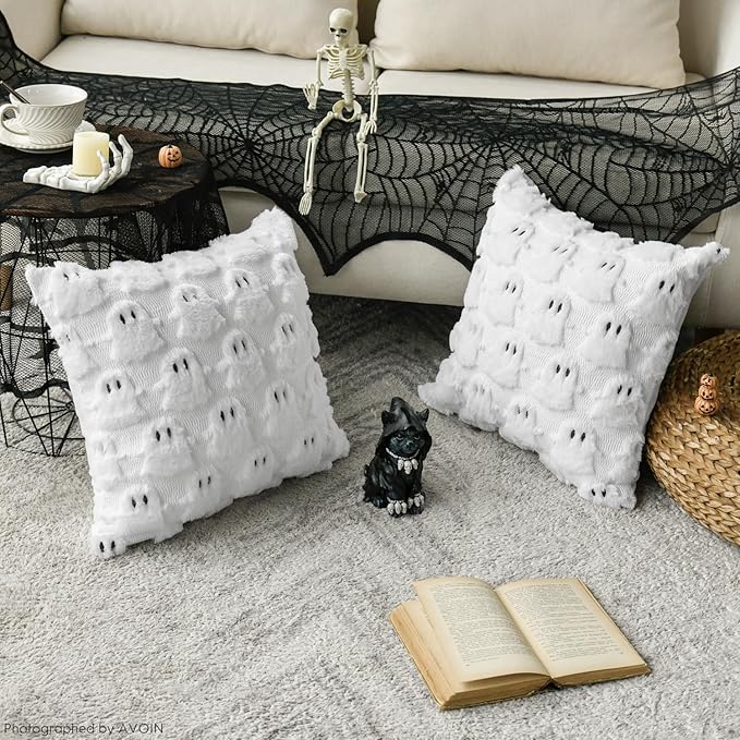 AVOIN colorlife Halloween Ghost White Throw Pillow Cover Set of 2, 18 x 18 Inch Soft Plush Faux Fur Jacquard Spooky Cushion Case Decoration for Sofa Couch