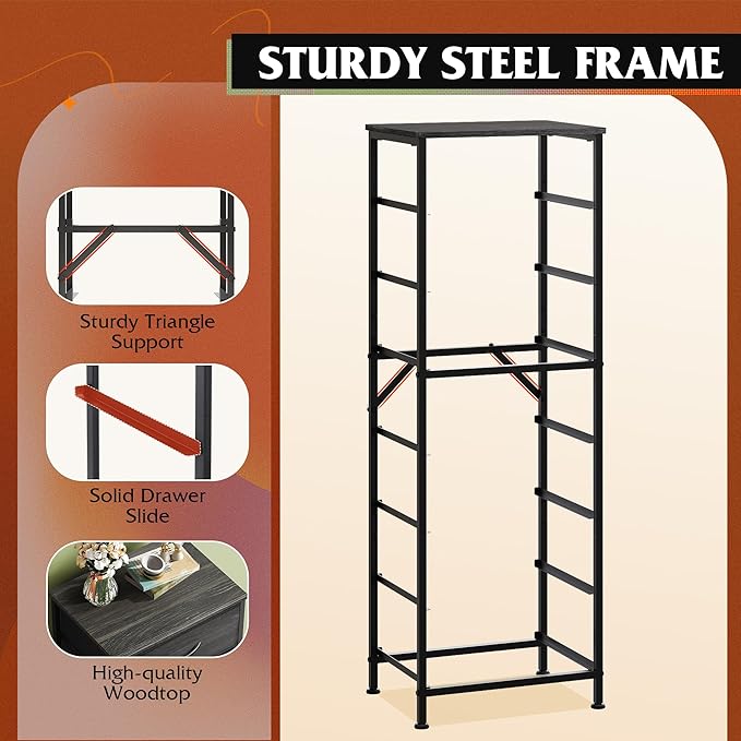 WLIVE Tall Dresser for Bedroom, 7 Drawer Dressers & Chests of Drawers, Fabric Dresser for Closet, Night Stand with Metal Frame, Storage Tower with Fabric Bins, Woodtop, Charcoal Black Wood Grain Print