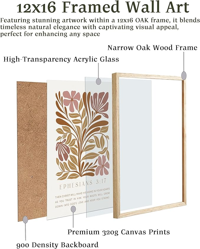 EcoHest Bible Verse Floral Framed Wall Art, 12x16 in OAK Wood Abstract Flowers Canvas Wall Art, Ephesians 3:17 Home Decor, Beige Logs Boho Christ Set of 1 for Bedroom Living Room