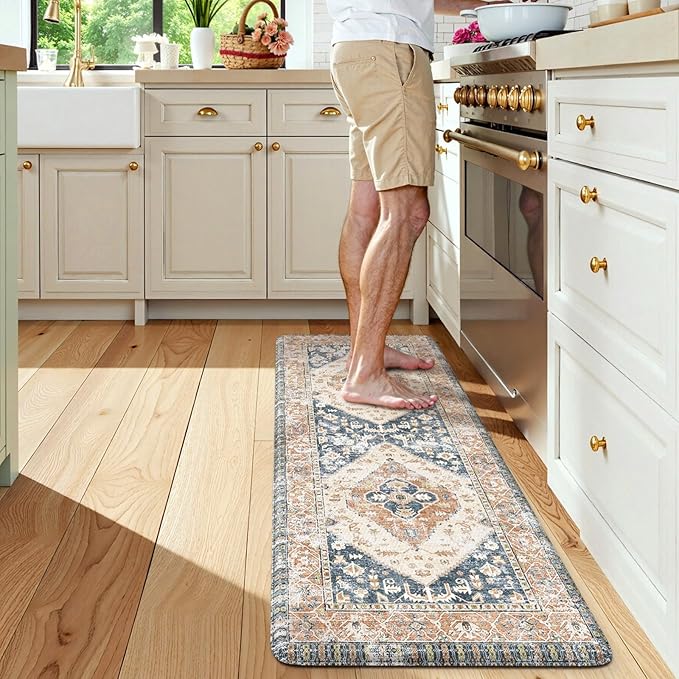 KIMDOE Anti Fatigue Kitchen Mat Kitchen Rugs Non-Skid Waterproof Kitchen Runner Rug Foam Standing Mat for Kitchen Decor,Floors,Laundry,Blue and Gold