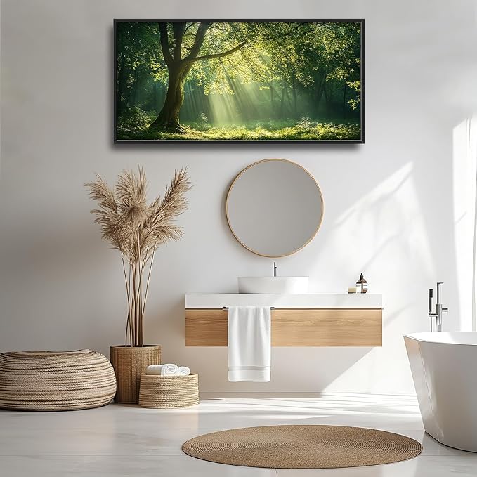 Framed Large Wall Art for Living Room, Green Forest Tree Canvas Wall Decor, Large Nature Pictures Framed Painting, Natural Landscape Artwork for Bedroom Office Home Decor 60L'' × 30W''