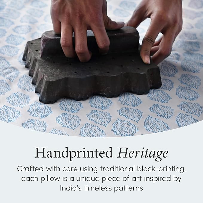 CPC 100% Cotton Throw Pillow Covers 20x20 Inch, Set of 2 Green Block Print Pattern Couch Pillow, Cute Boho Decorative Pillows for Living Room, Bedroom with Hidden Zipper- Royal Blue