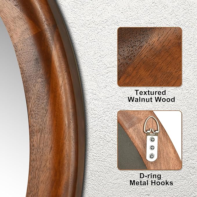 Round Wood Mirrors 30 Inch,Rustic Decorative Transitional Wall Mirror with Walnut Frame for Bathroom,Farmhouse Hanging Vanity Mirror for Entryway Living Room or Bedroom