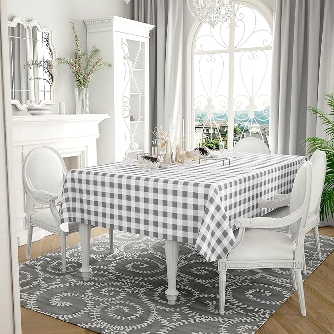 misaya Rectangle Waterproof Vinyl Table Cloth, Buffalo Flannel Backed Tablecloth, Wipeable Plastic Table Cover for Dinner, Kitchen, Outdoor (60" x 102", Grey and White)
