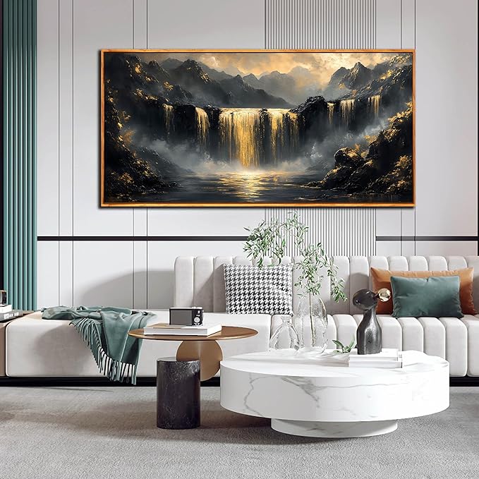 Black Mountain Canvas Wall Art for Bedroom - Gold Waterfall Art Wall Decor for Living Room - Wooden Framed Wall Art for Office Size 29" x 59"