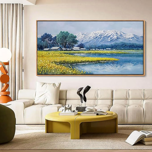 Landscape Wall Art - Japanese Mountain Nature Canvas Artwork for Living Room, Rustic Wall Art, Country Wall Decor, Farmhouse Paintings, Yellow Scenery Wall Pictures for Bedroom 29×58IN