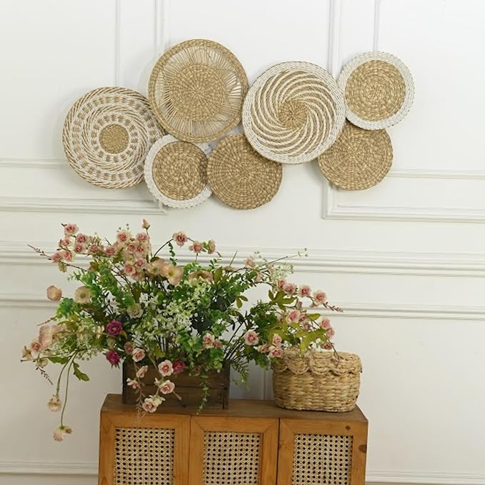 Wicker Wall Decor Set – Boho Basket Wall Art, Natural Woven Wall Art for Living Room Bedroom, Seagrass Decorative Plates For Wall Hanging, Flat and Lightweight