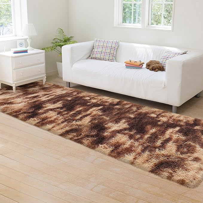 Super Soft Fluffy Living Room Area Rug 2x8 ft Tie-Dyed Brown Shaggy Furry Carpet Washable Non-Slip Floor Rugs Bedroom Bedside Nursery Rug Fuzzy Girls Boy Dorm Home Decor Aesthetic