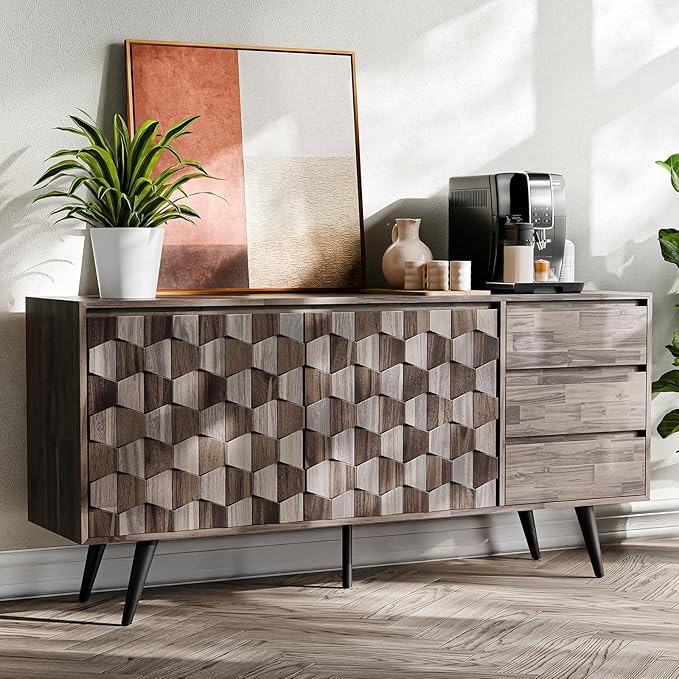Bme Georgina Solid Wood Sideboard with Geometric Pattern, 2 Doors and 3 Drawers, 61 Inch Mid Century Modern Sideboard Cabinet for Kitchen, Dining Room, Living Room, Mocha