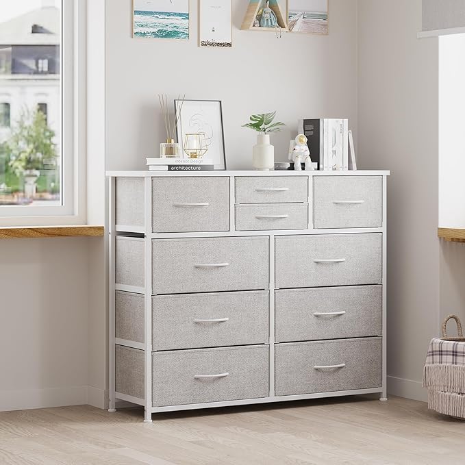 LUMTOK 10-Drawer Dresser, Fabric Dressers Drawers for Bedroom, Hallway, Nursery, Closets, Steel Frame, Wood Top, Easy Pull Handle (Light Grey)