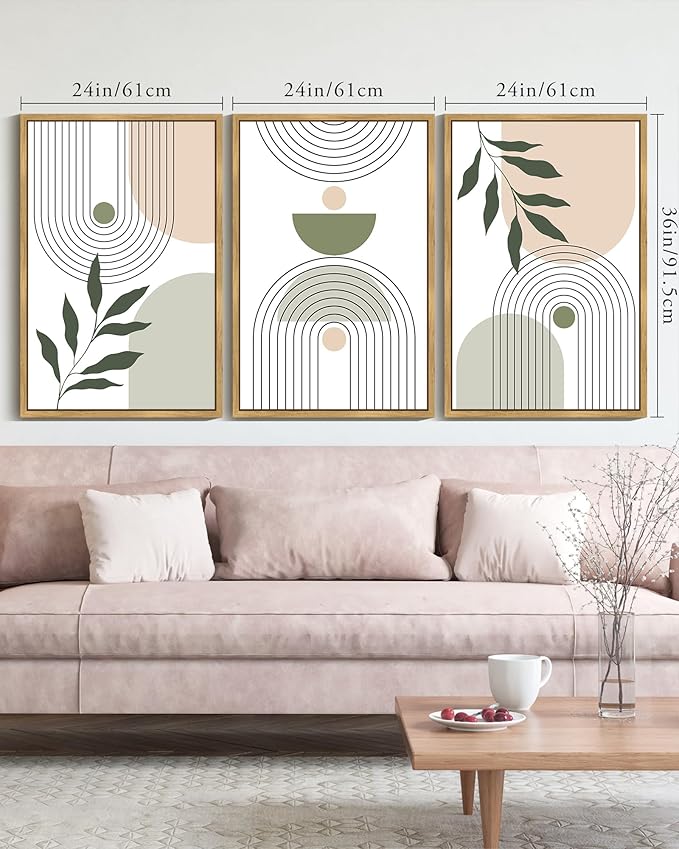 KUVIOKE Boho Green Sage Neutral Wall Art Framed Bohemain Botanical Geometric Modern Wall Prints Decor Ready to Hang 24x36in (Natural Framed)