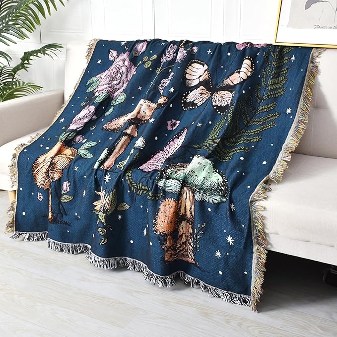 Boho Throw Blanket Reversible Cotton Bohemian Tapestry Hippie Room Decor Double Sided (Mushroom 50"x60")
