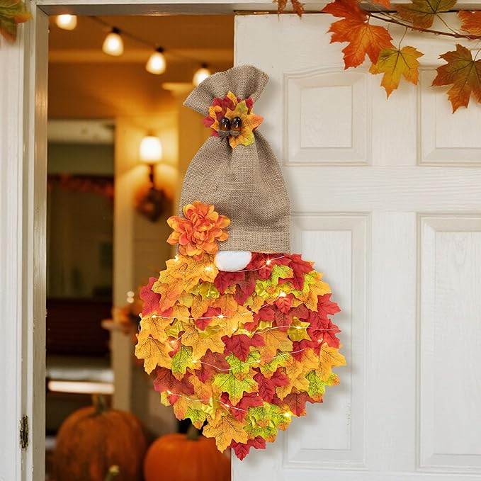 Fall Garland Gnome Door Hanging Wreaths with Maple Leaves LED String Lights, Artificial Maple Leaves Wreath for Autumn Harvest Thanksgiving Decoration Home Indoor Outdoor B