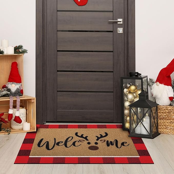2 Pcs Christmas Door Mat Brown Elk Welcome Non Slip Coir Mats Merry Xmas Black Red Buffalo Plaid Floor Layering Doormats Seasonal for Front Porch Entryway Decor(Brown Elk)