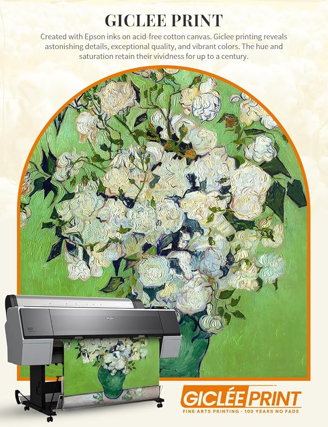 DECORARTS - Pink Roses in a Vase by Vincent Van Gogh. Giclee Print on Acid-Free Canvas in Gold Solid Wood Frame. Picture Size: 16x20, Total Size: 24.75x20.75, Made in USA