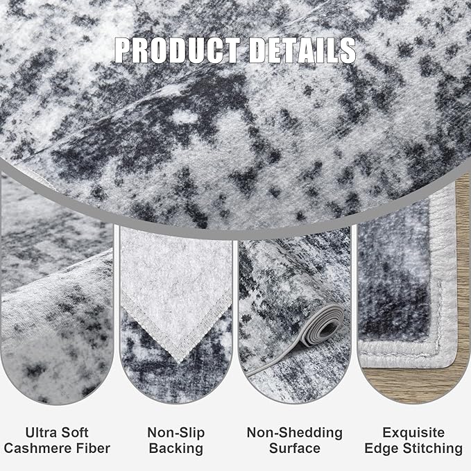 8x10 Area Rug Living Room Rug: Washable Modern Abstract Soft Thin Rug Indoor Floor No Slip Stain Resistant Carpet for Bedroom Dining Room Farmhouse Nursery Home Office - Dark Black