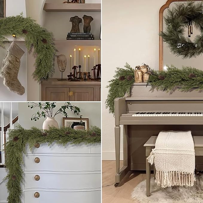 6FT Christmas Garland with Pinecones, Artificial Faux Pine Garland Green Garlands, Soft Bendable Cedar Garland for Table Mantel Wall Stairs Railing, Indoor Outdoor Xmas Decorations, Holiday Decor