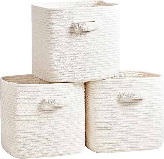 RUNKA Storage Cube Baskets - 3 Pack - 11 inch Square Baskets for Closet, Woven Bins - Ideal for Toy Storage | White