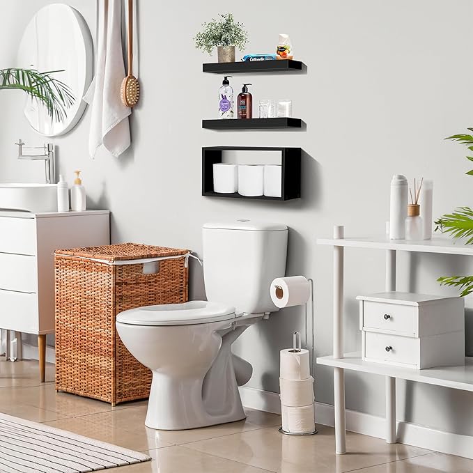 Sorbus Floating Shelves for Wall Set of 3 - Bathroom Shelves for Wall Storage, Over Toilet, Bedroom, Farmhouse, Decor - 2 Floating Shelves with Invisible Brackets & 1 Rectangular Box, Black
