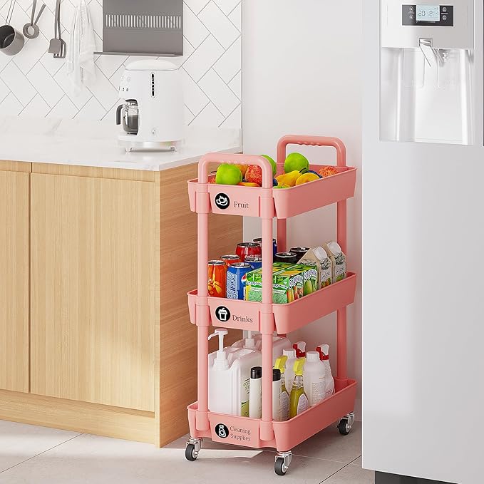 Laiensia 3-Tier Rolling Cart with Wheels,Multifunction Utility Storage carts, Kitchen Storage Organizer,Mobile Shelving Unit for Bathroom,Laundry,with Classified Stickers,Pink
