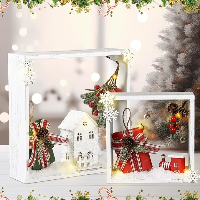 3 Pcs Christmas Wooden Table Decoration Centerpiece Sign Crafts for Farmhouse Desk Coffee Tabletop Fireplace Mantle Bookshelf Tiered Tray Shelf Accents Rustic DIY Ornament(White,Square)