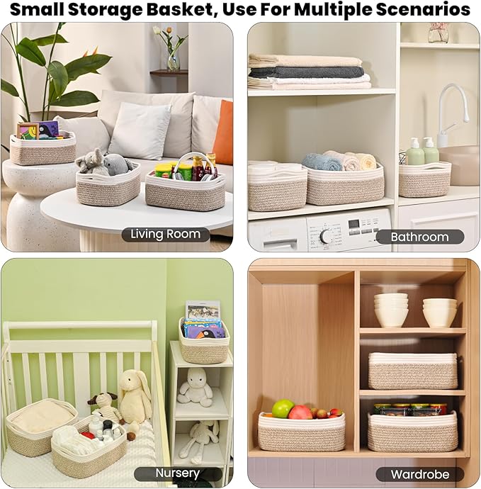 Small Baskets for Organizing, Decorative Storage Baskets for Shelves, Storage Bins, Woven Baskets for Storage, Mini Basket for Nursery, 13"×8.5"×5.1" (3 Packs) Off White & Brown