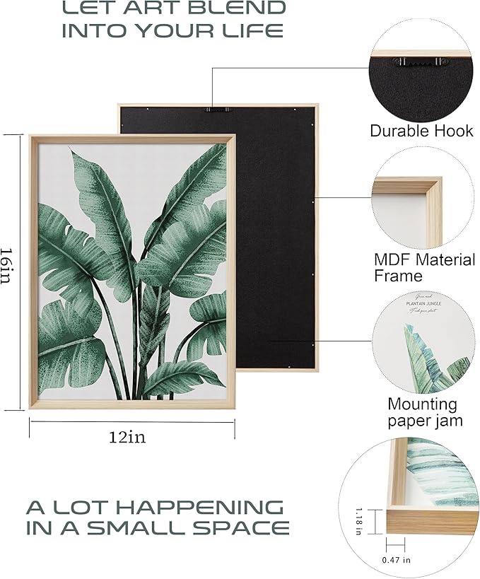 UPWOIGH Framed Wall Art(No Plexiglass), Abstract Green Palm and Eucalyptus Leafs Canvas Wall Art, High-end 16x12in Wood Wall Decor Prints Artworks for Living Room Bedroom, Plant Neutral Wall Decor Set