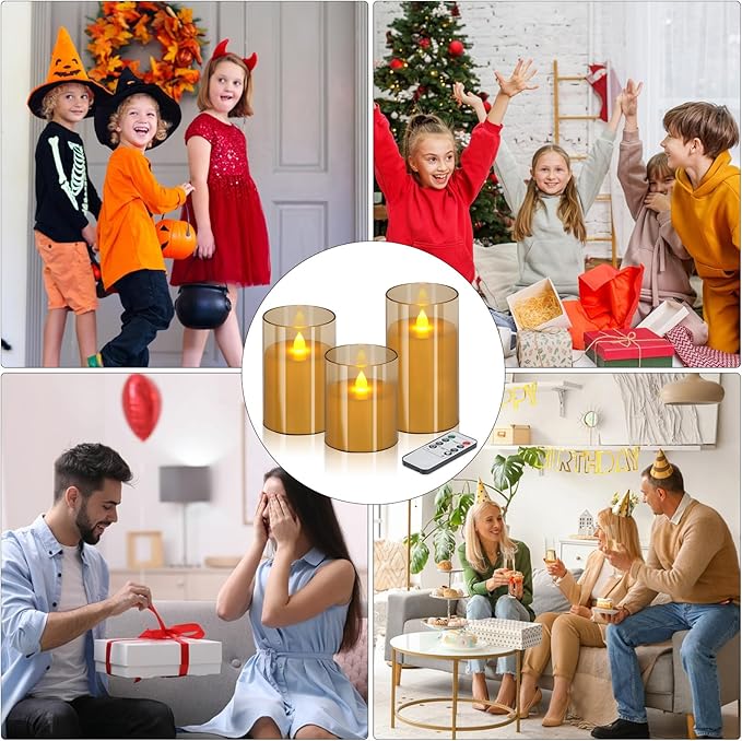 Flameless Candles 4" 5" 6" Set of 3 Acrylic Glass Pillars 3" Diameter Battery Operated Flickering Candles Include Remote with Timer for Home Decor Wedding Festival Cafe Restaurant Decor