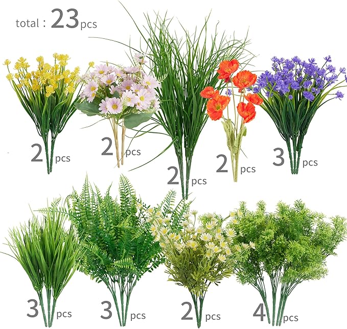 23Pcs Outdoor Artificial Boxwood UV Resistant Fake Stems Plants, Faux Plastic Greenery for Indoor Outside Hanging Plants Garden Porch Window Box Home Wedding Farmhouse Décor